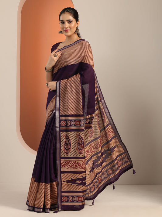 Purple Solid Cotton Blend Saree With Unstitched Blouse Piece