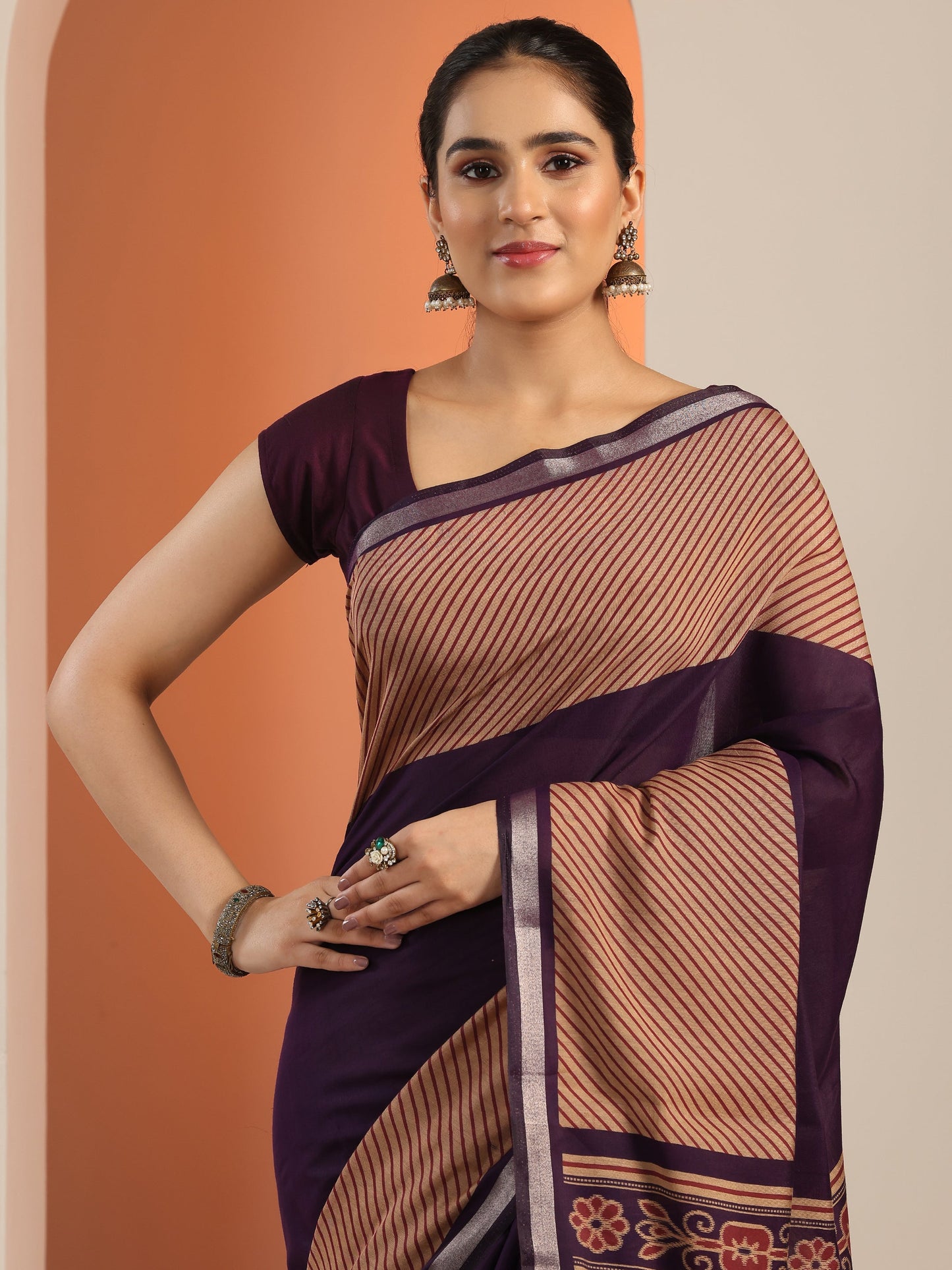 Purple Solid Cotton Blend Saree With Unstitched Blouse Piece