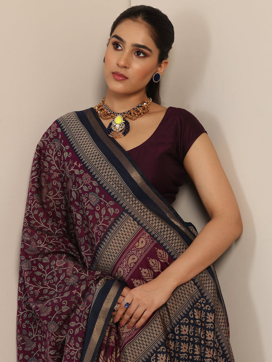 Purple Printed Cotton Blend Saree With Unstitched Blouse Piece