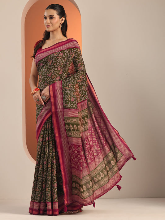 Green Printed Cotton Blend Saree With Unstitched Blouse Piece