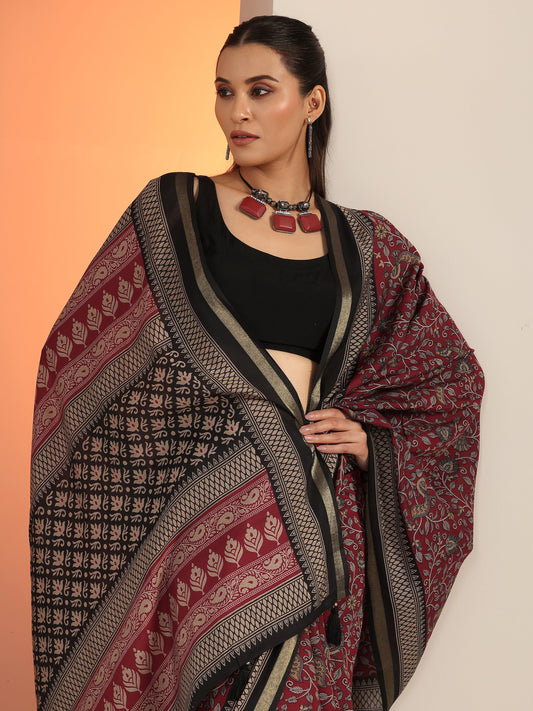 Red Printed Cotton Blend Saree With Unstitched Blouse Piece