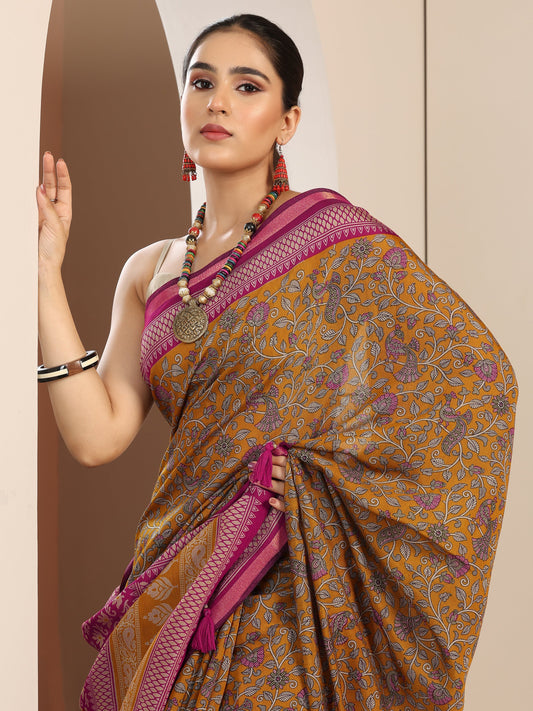 Mustard Printed Cotton Blend Saree With Unstitched Blouse Piece
