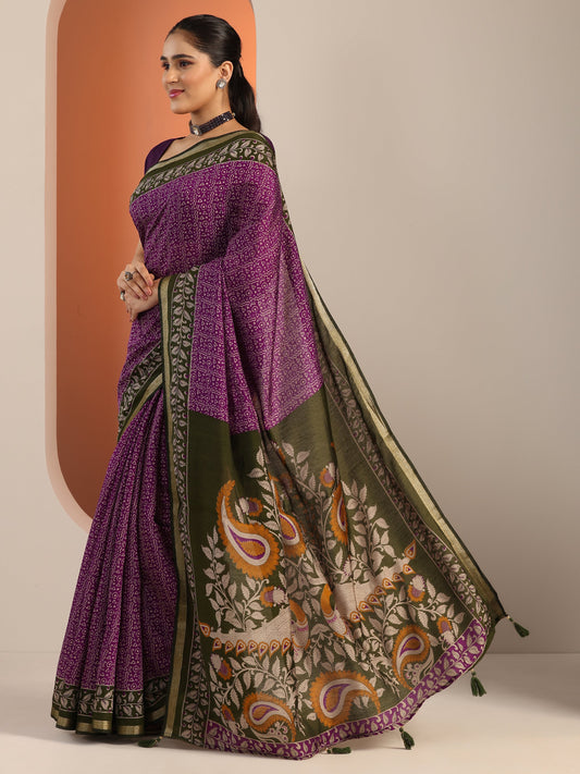 Purple Printed Cotton Blend Saree With Unstitched Blouse Piece