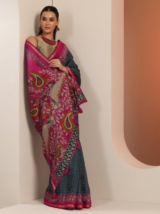 Teal Printed Cotton Blend Saree With Unstitched Blouse Piece