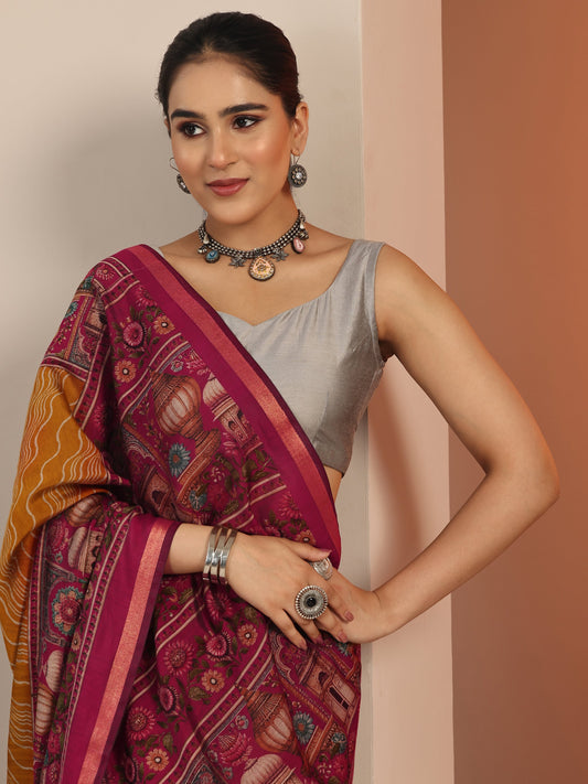 Mustard Printed Cotton Blend Saree With Unstitched Blouse Piece