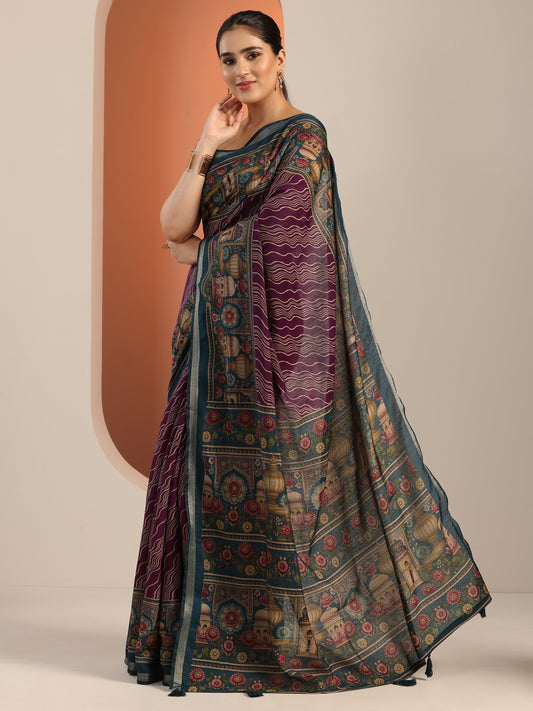 Purple Printed Cotton Blend Saree With Unstitched Blouse Piece