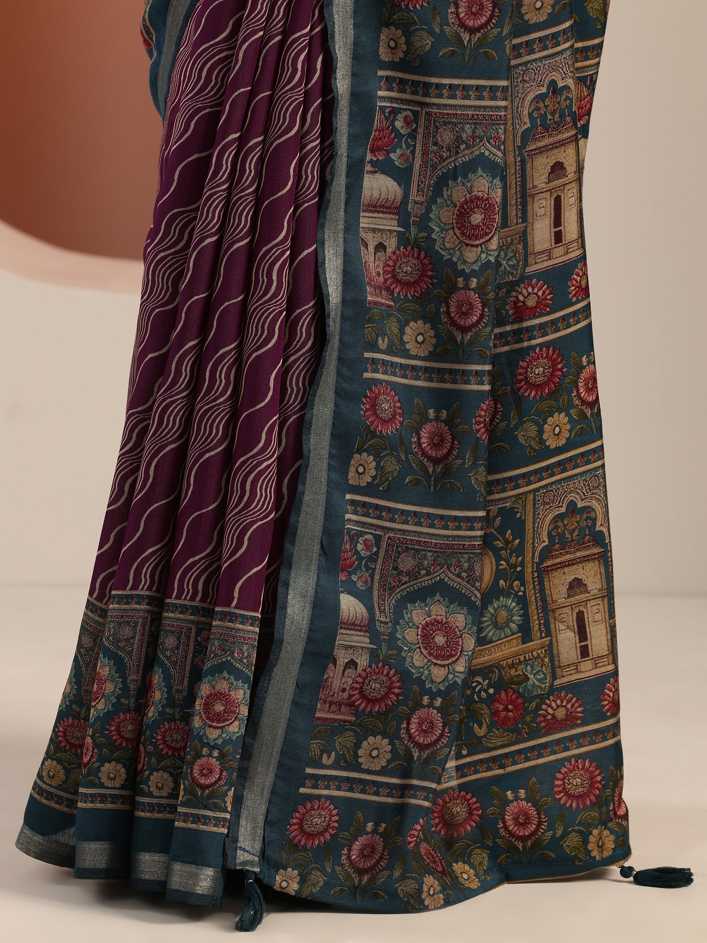 Purple Printed Cotton Blend Saree With Unstitched Blouse Piece
