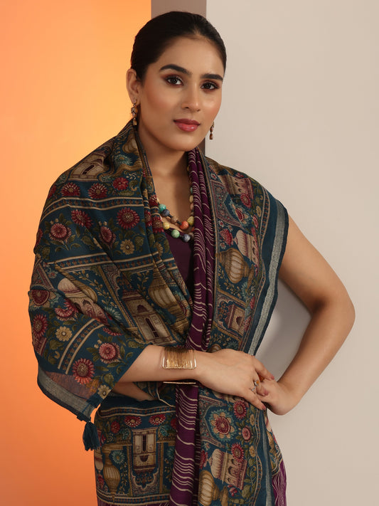Purple Printed Cotton Blend Saree With Unstitched Blouse Piece