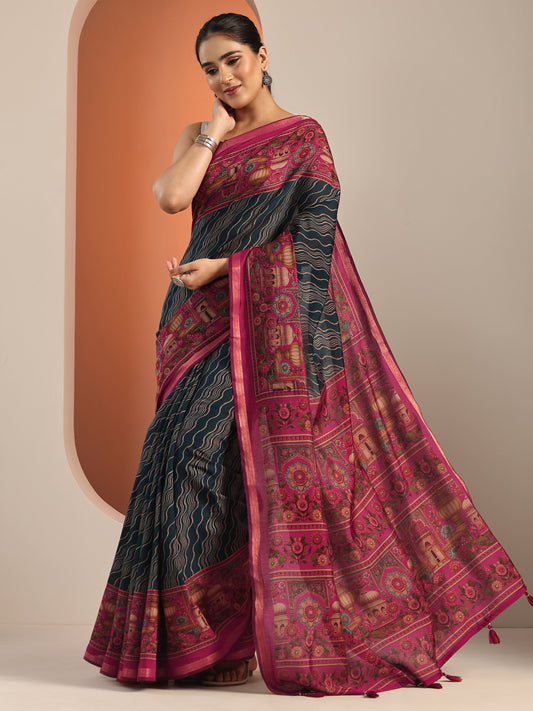 Teal Printed Cotton Blend Saree With Unstitched Blouse Piece