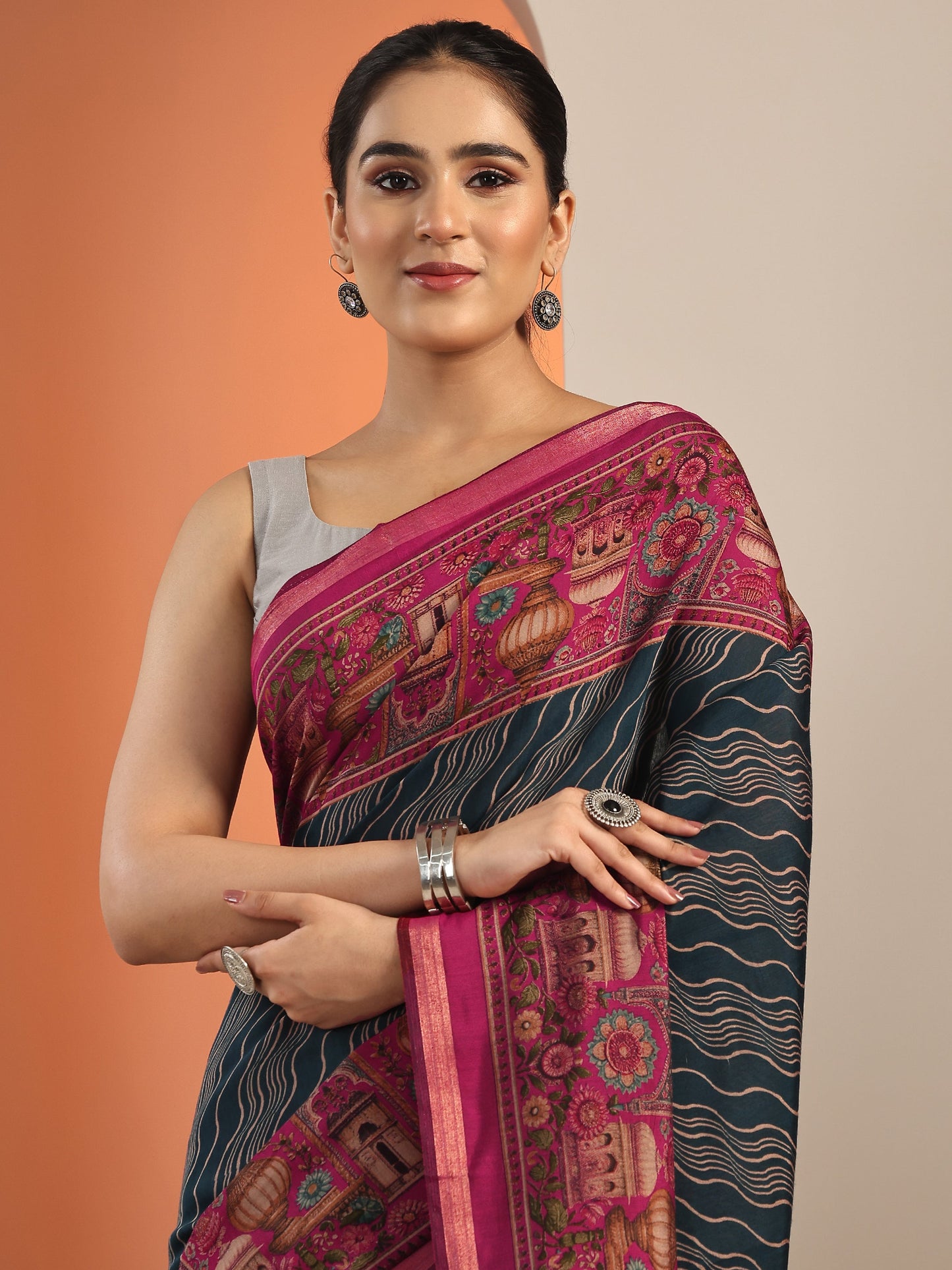 Teal Printed Cotton Blend Saree With Unstitched Blouse Piece