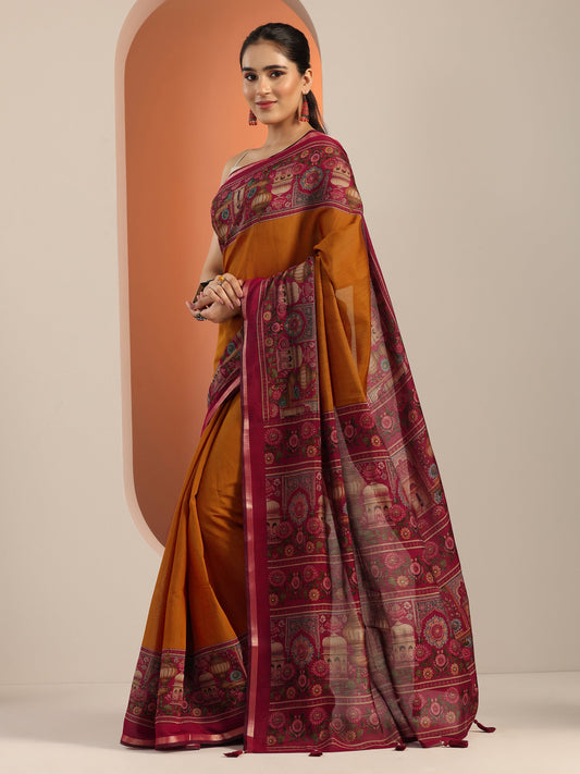 Mustard Solid Cotton Blend Saree With Unstitched Blouse Piece