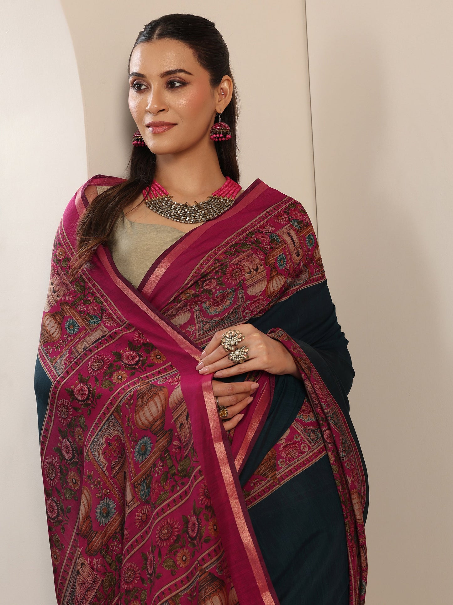 Teal Solid Cotton Blend Saree With Unstitched Blouse Piece
