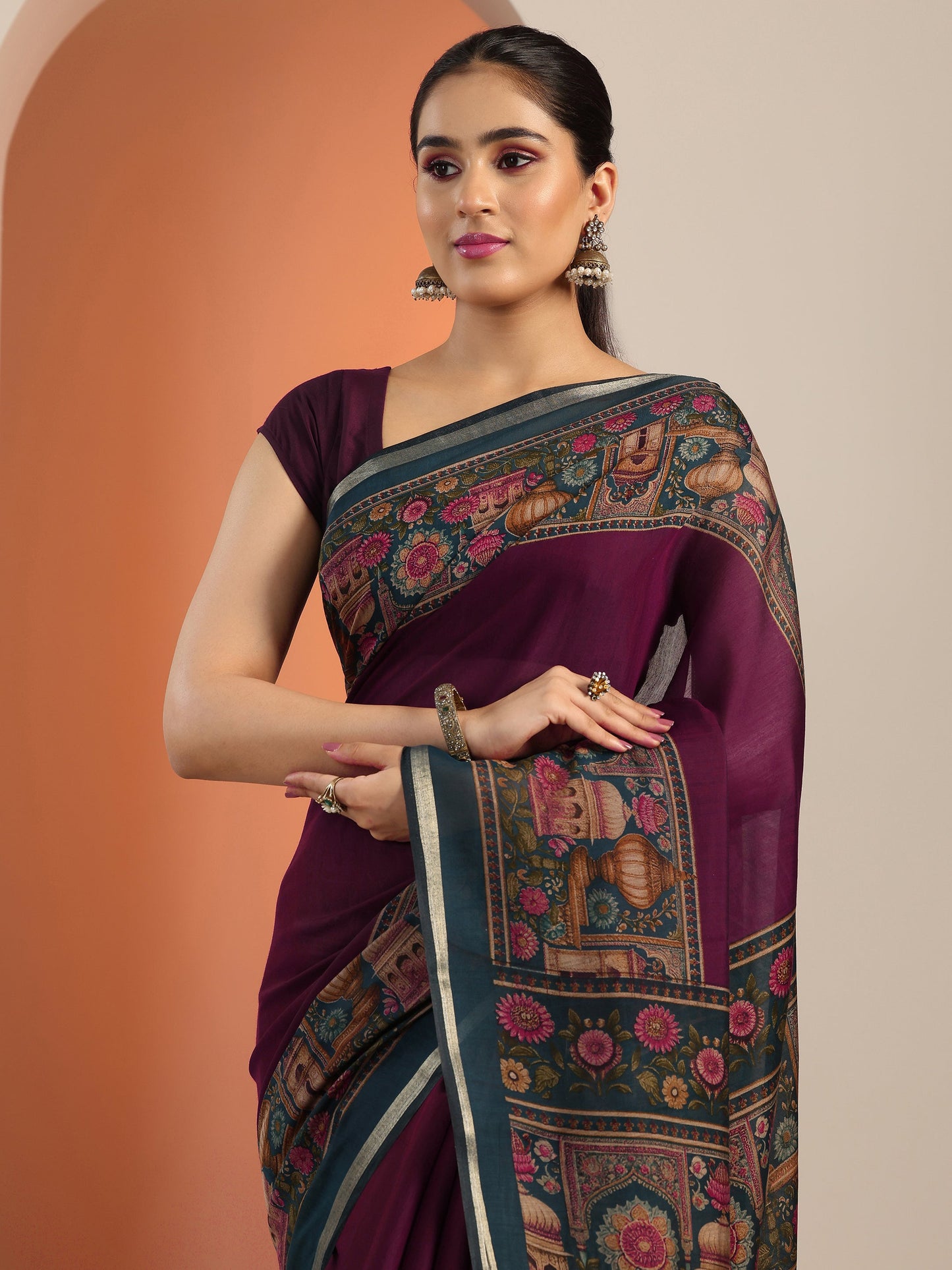 Burgundy Solid Cotton Blend Saree With Unstitched Blouse Piece