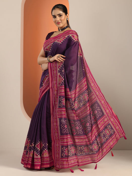 Purple Solid Cotton Blend Saree With Unstitched Blouse Piece