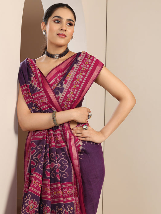 Purple Solid Cotton Blend Saree With Unstitched Blouse Piece