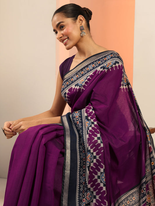 Purple Solid Cotton Saree With Unstitched Blouse Piece