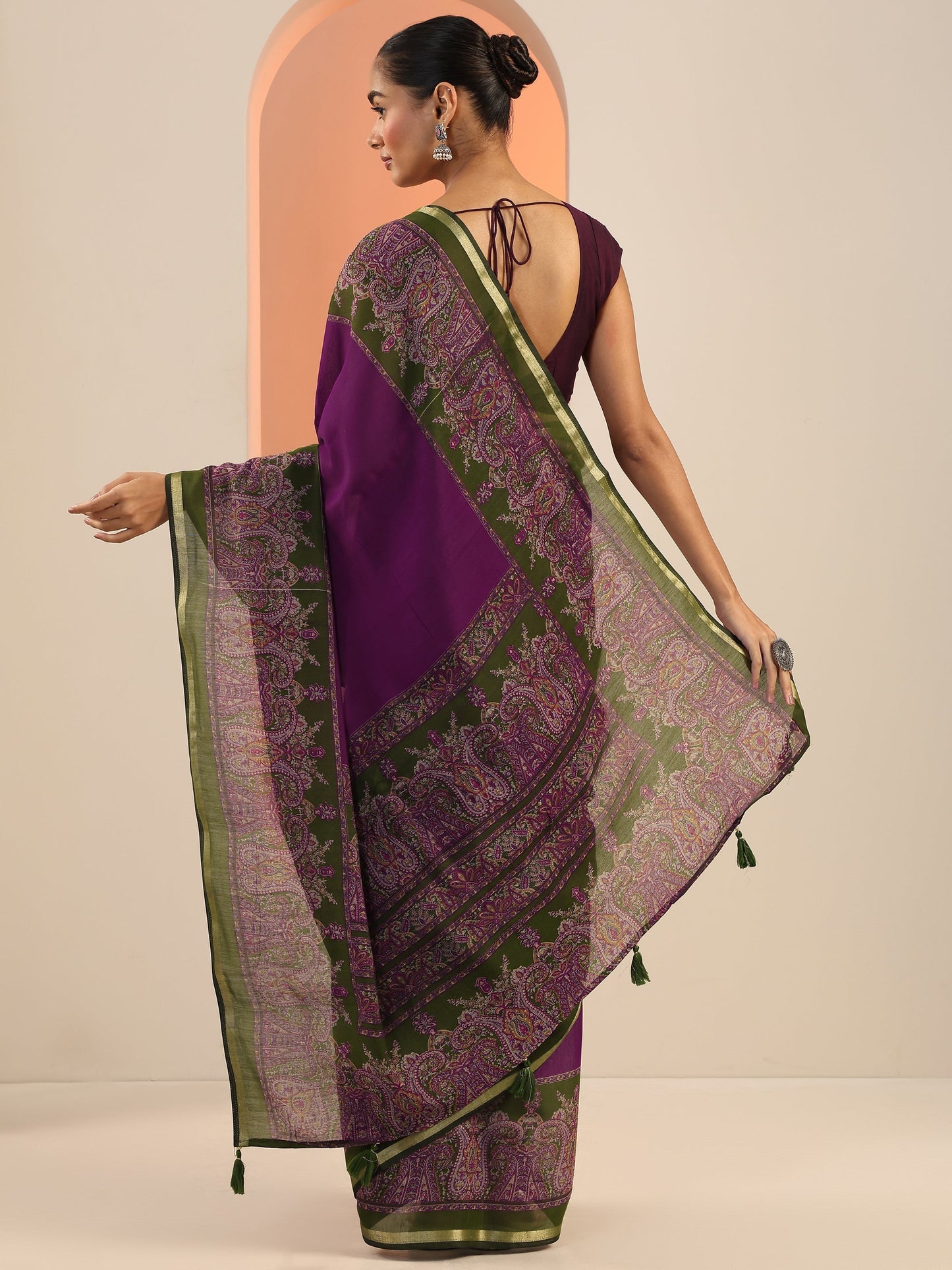 Purple Printed Cotton Saree With Unstitched Blouse Piece