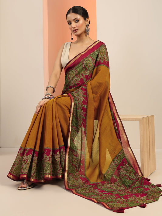 Mustard Printed Cotton Blend Saree With Unstitched Blouse Piece