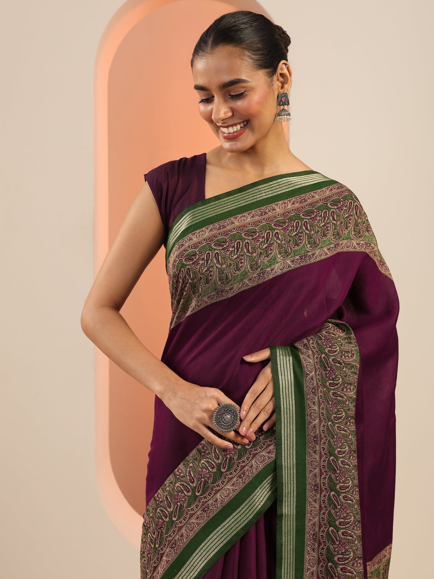 Burgundy Printed Cotton Saree With Unstitched Blouse Piece