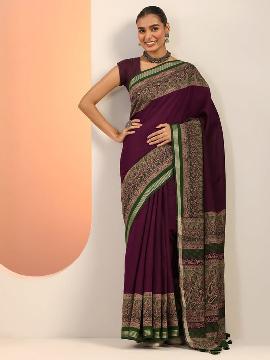 Burgundy Printed Cotton Saree With Unstitched Blouse Piece