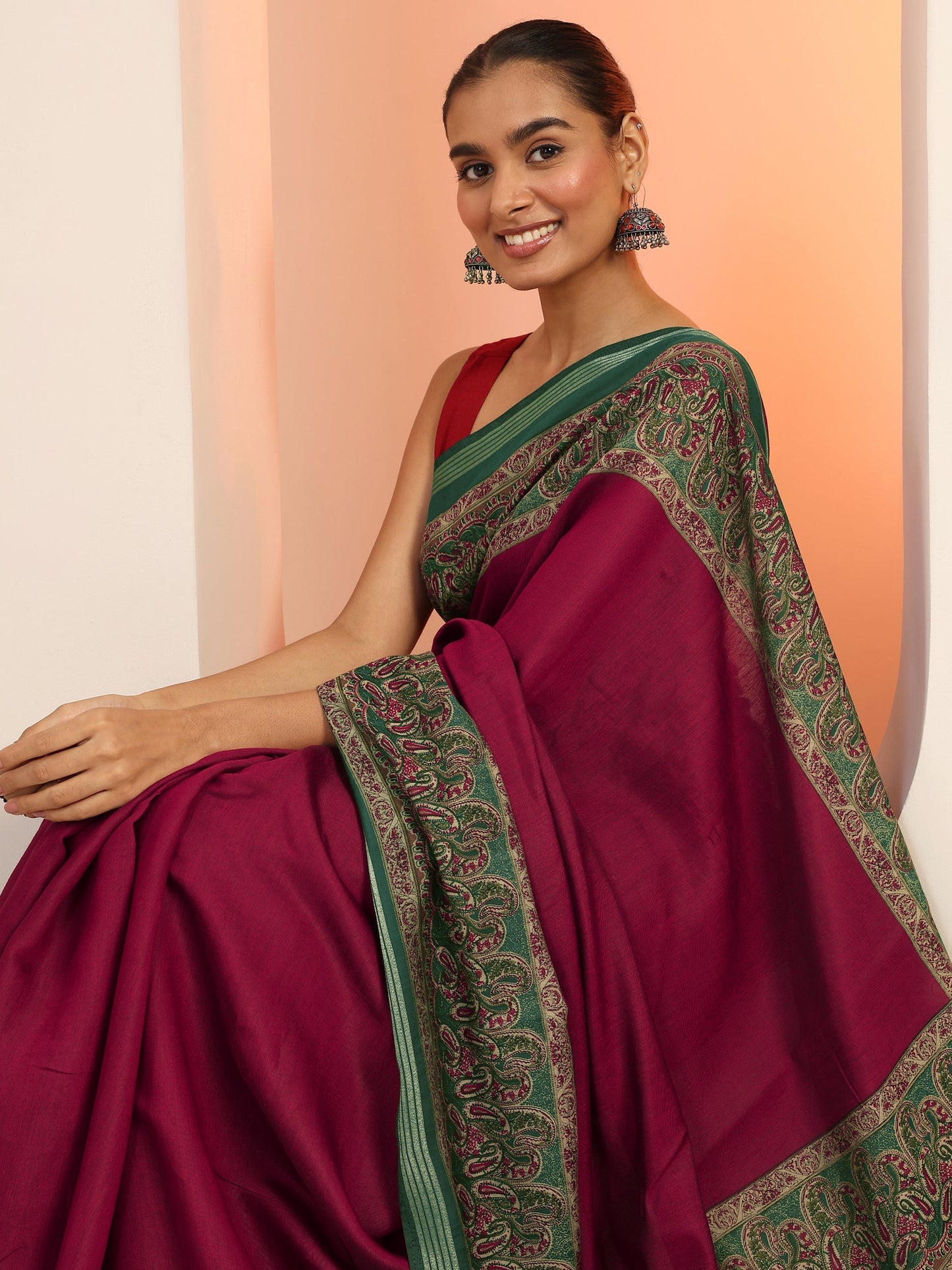 Maroon Printed Cotton Saree With Unstitched Blouse Piece