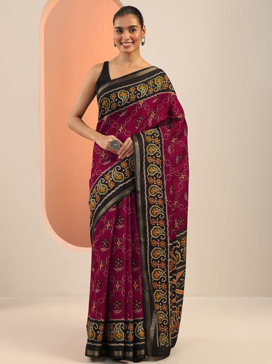 Maroon Printed Cotton Saree With Unstitched Blouse Piece