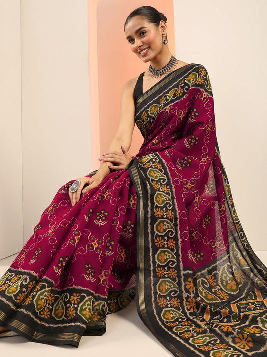Maroon Printed Cotton Saree With Unstitched Blouse Piece