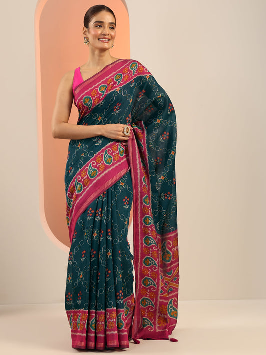 Teal Printed Cotton Saree With Unstitched Blouse Piece