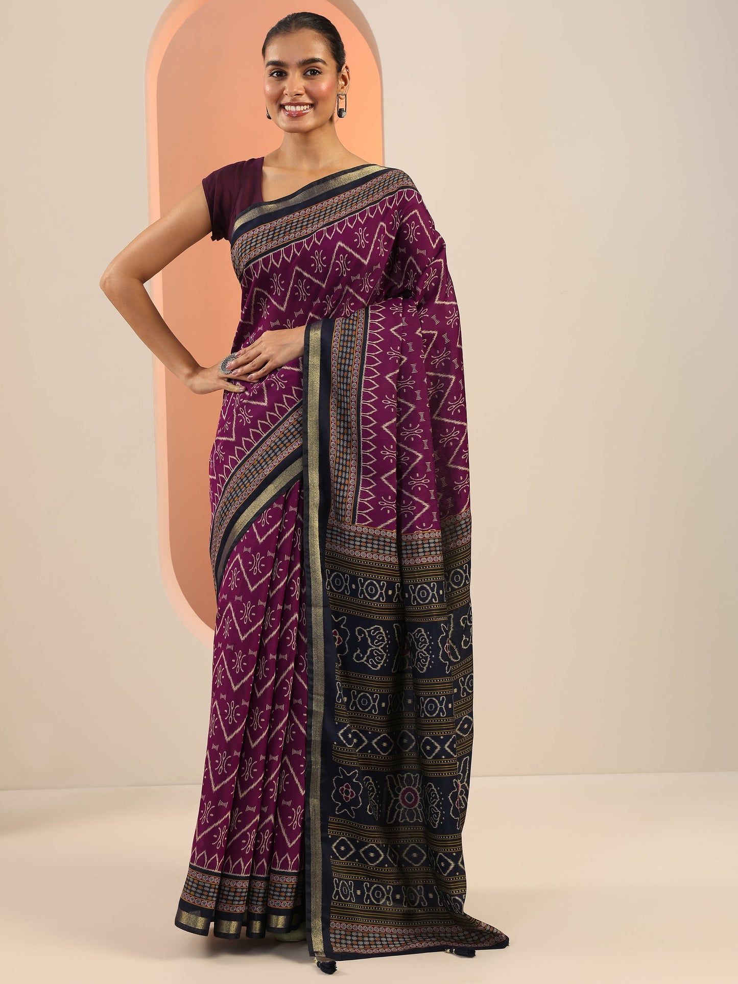 Purple Printed Cotton Saree With Unstitched Blouse Piece
