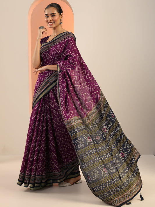 Purple Printed Cotton Saree With Unstitched Blouse Piece