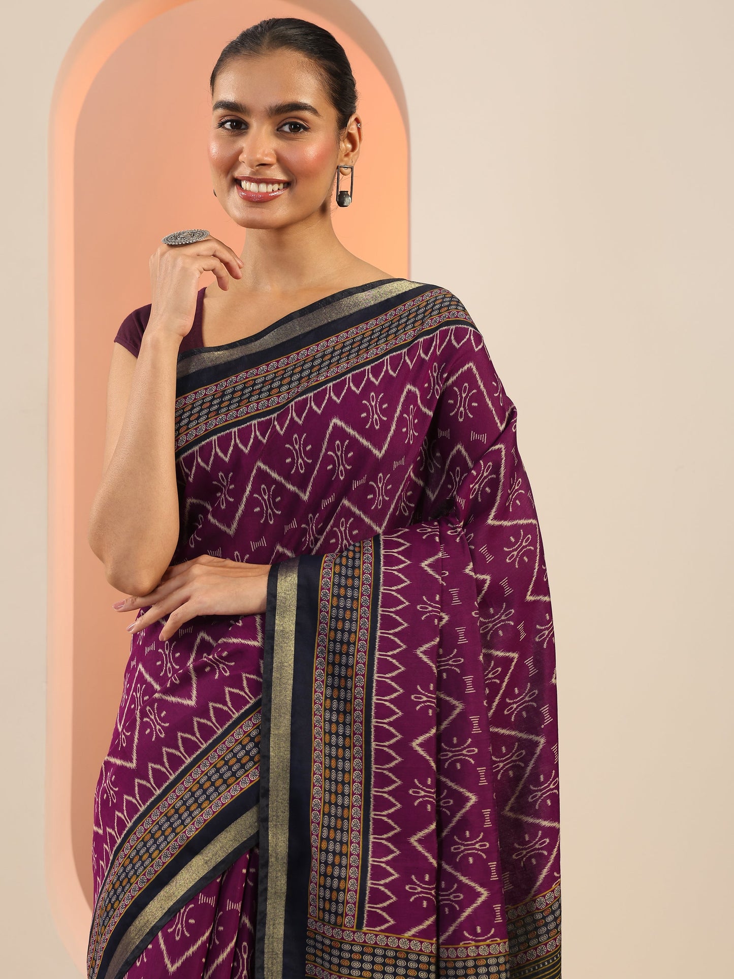Purple Printed Cotton Saree With Unstitched Blouse Piece