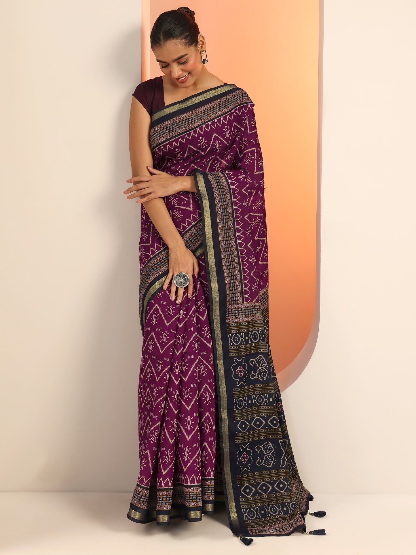 Purple Printed Cotton Saree With Unstitched Blouse Piece