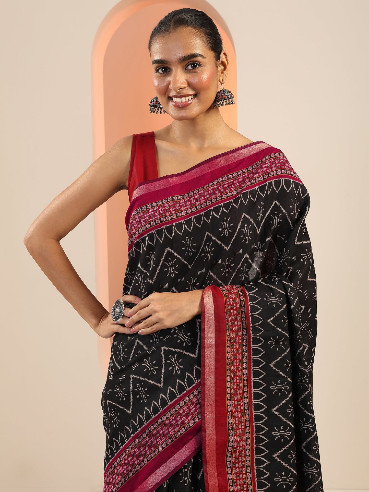 Black Printed Cotton Saree With Unstitched Blouse Piece