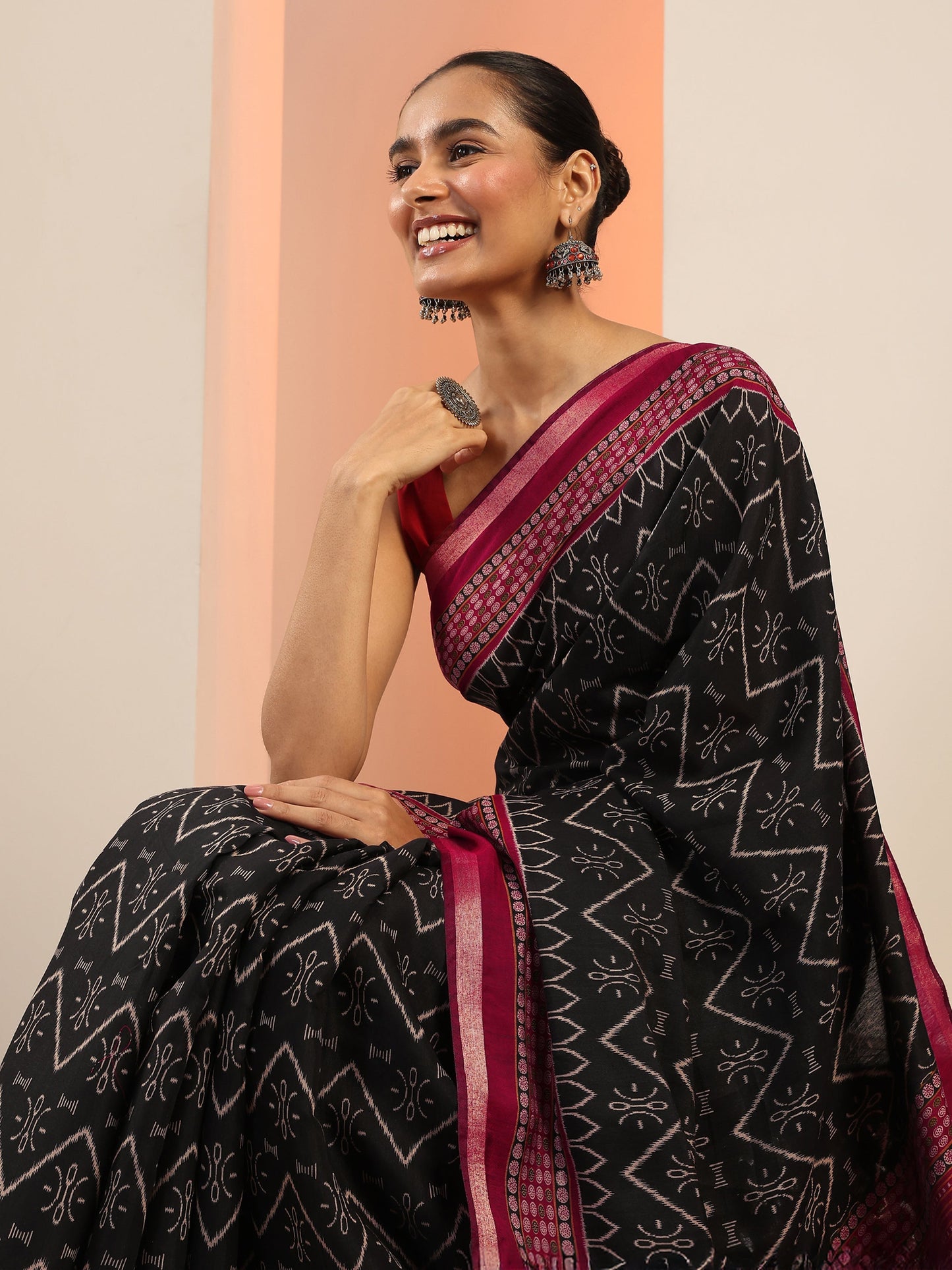 Black Printed Cotton Saree With Unstitched Blouse Piece