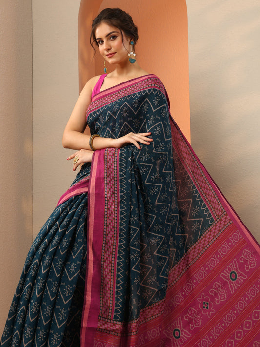 Teal Printed Cotton Saree With Unstitched Blouse Piece