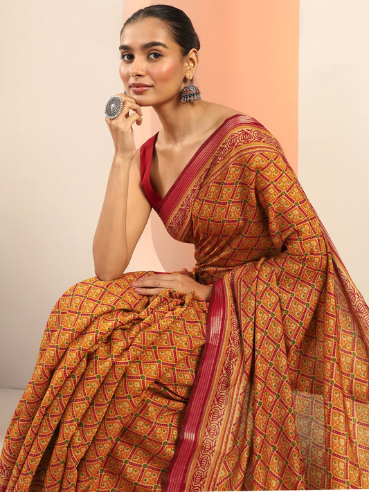 Mustard Printed Cotton Saree With Unstitched Blouse Piece