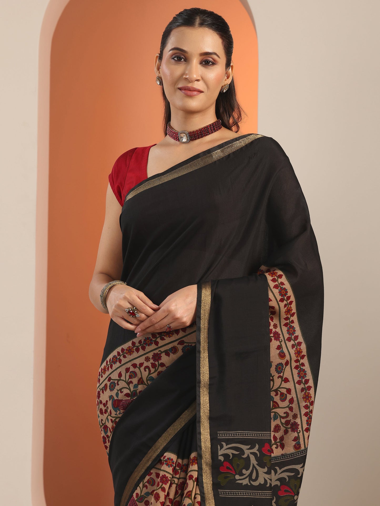 Black Printed Cotton Blend Saree With Unstitched Blouse Piece