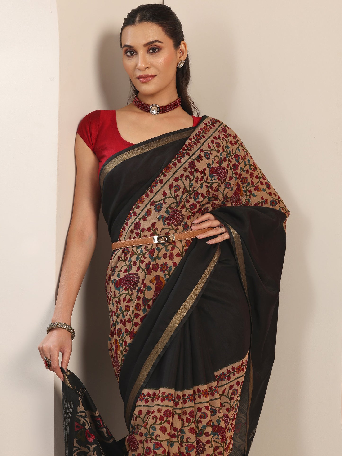 Black Printed Cotton Blend Saree With Unstitched Blouse Piece