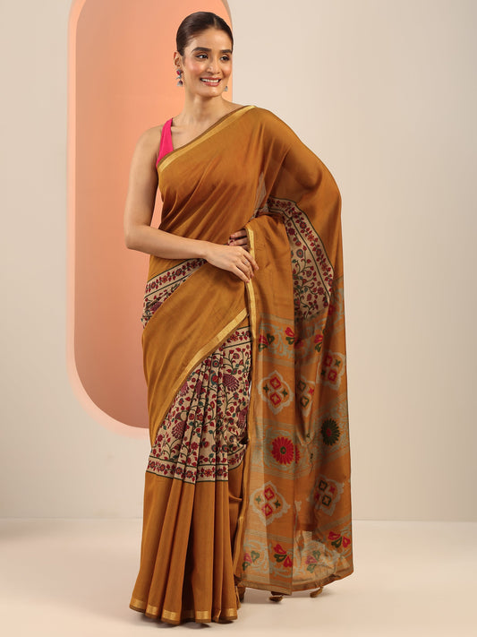 Mustard Printed Cotton Saree With Unstitched Blouse Piece
