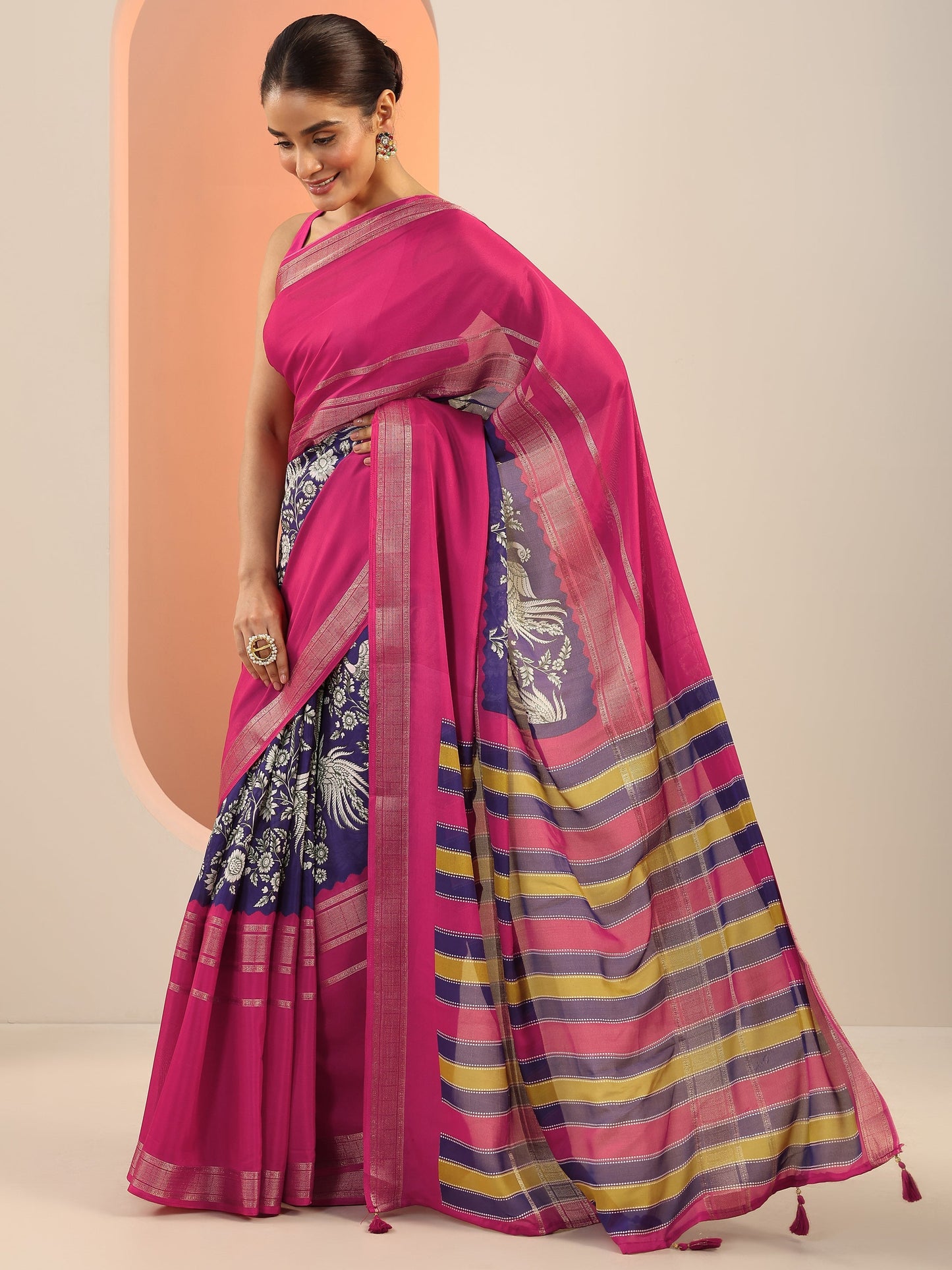 Purple Printed Crepe Saree With Unstitched Blouse Piece
