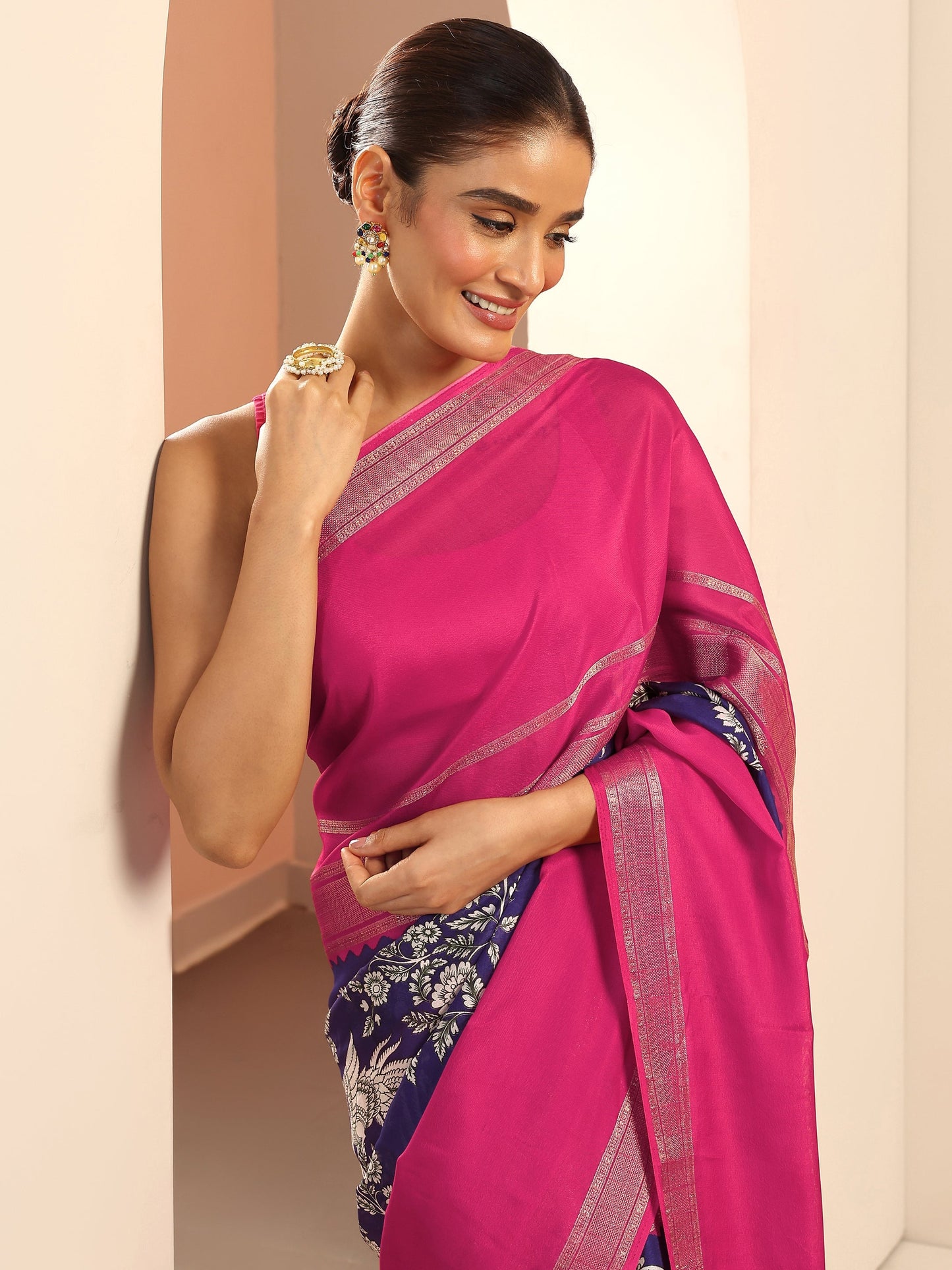 Purple Printed Crepe Saree With Unstitched Blouse Piece