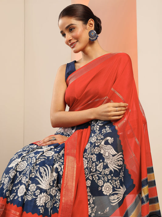 Blue Printed Crepe Saree With Unstitched Blouse Piece