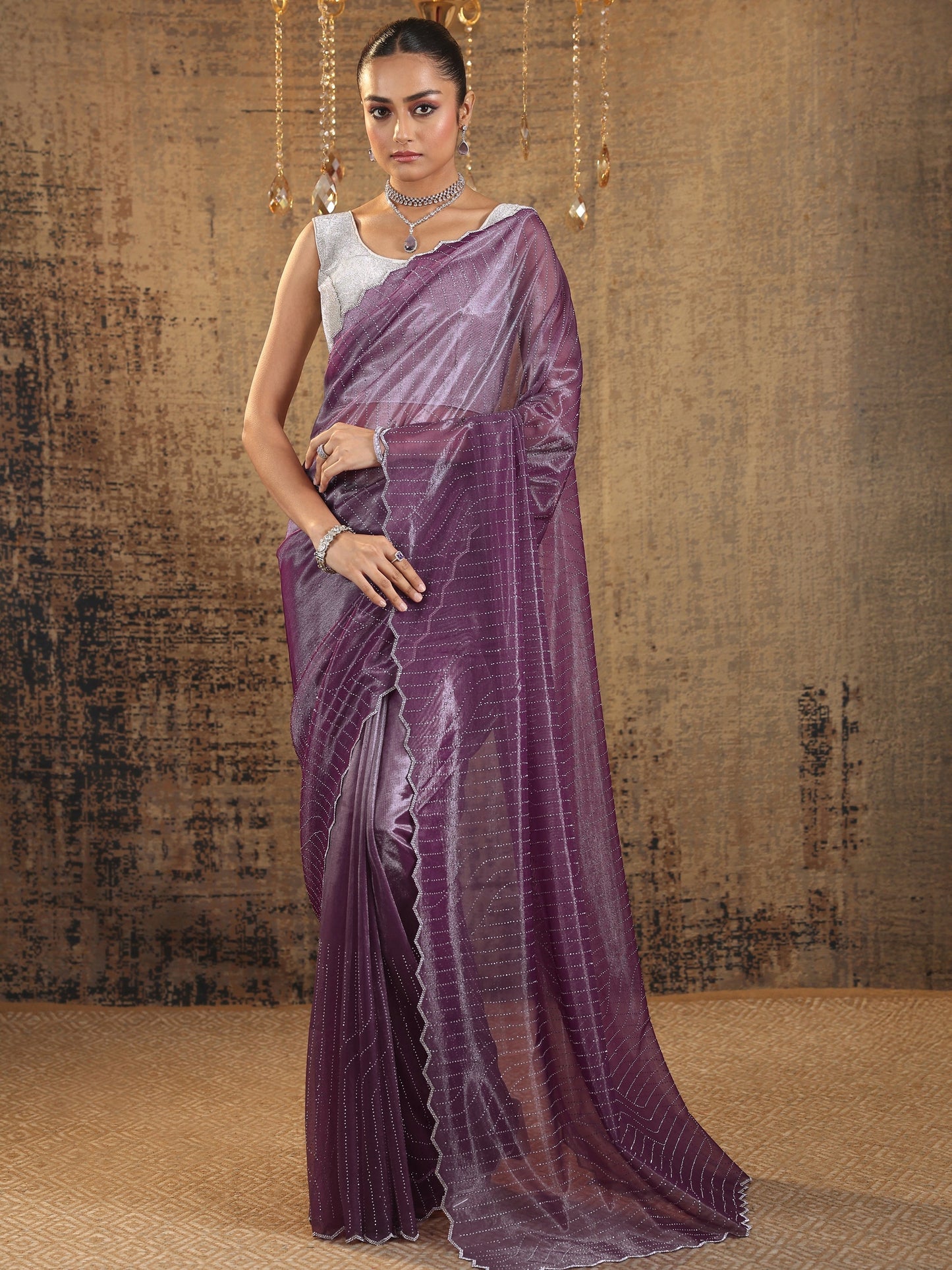 Purple Embellished Organza Saree With Unstitched Blouse Piece