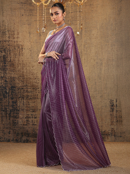 Purple Embellished Organza Saree With Unstitched Blouse Piece