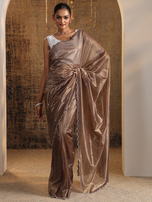 Brown Embellished Jimmy Choo Organza Saree With Unstitched Blouse Piece