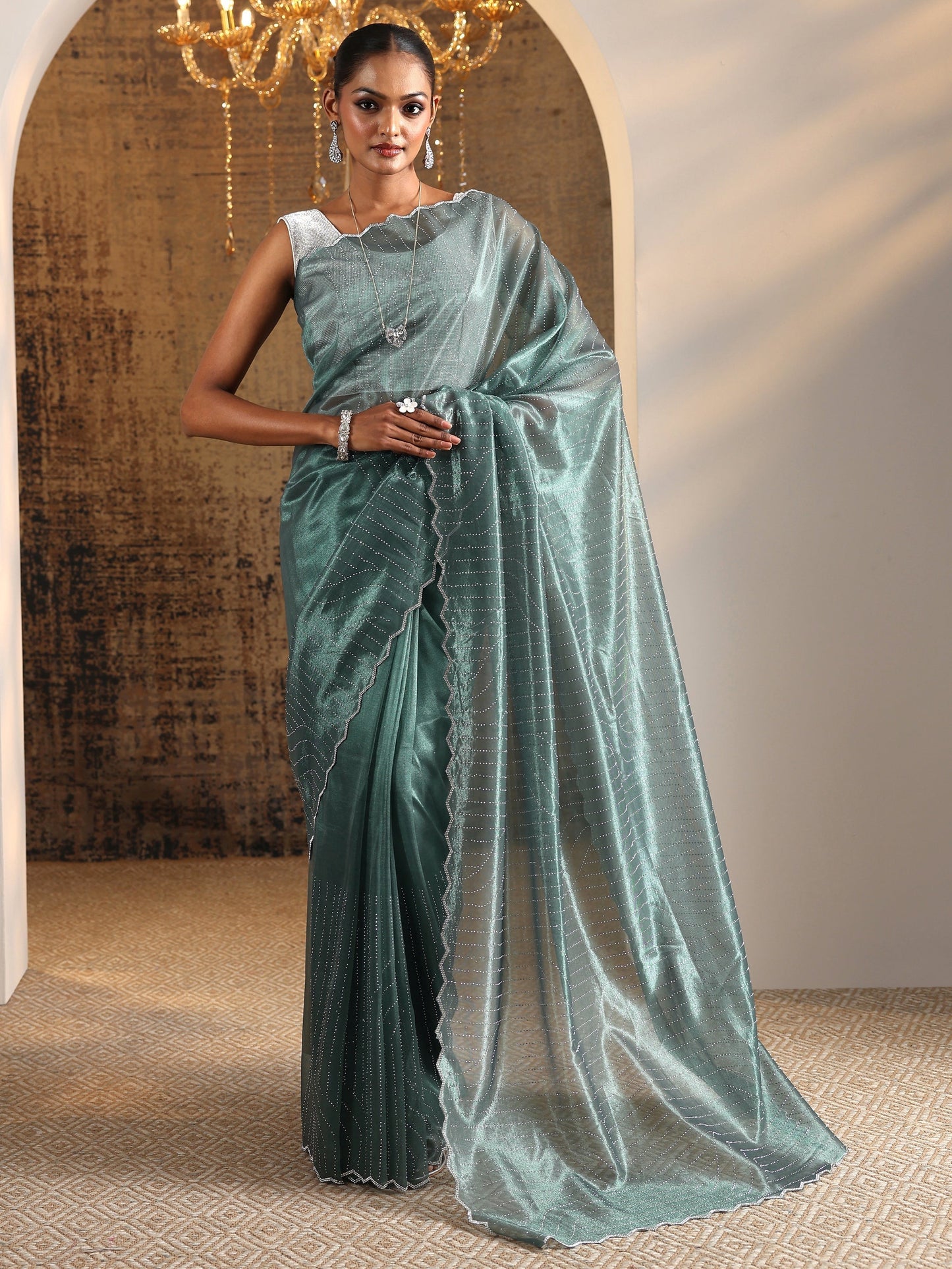 Green Embellished Jimmy Choo Organza Saree With Unstitched Blouse Piece