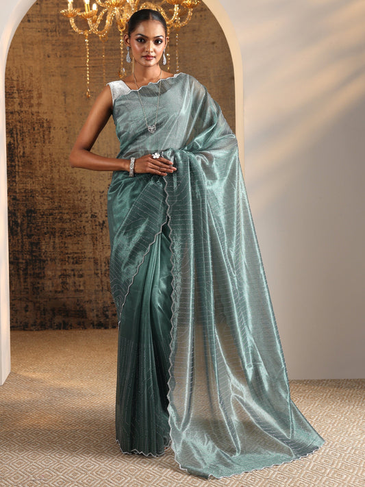 Green Embellished Jimmy Choo Organza Saree With Unstitched Blouse Piece