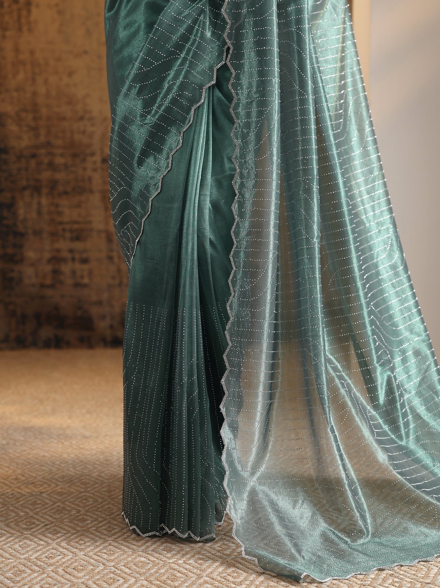 Green Embellished Jimmy Choo Organza Saree With Unstitched Blouse Piece