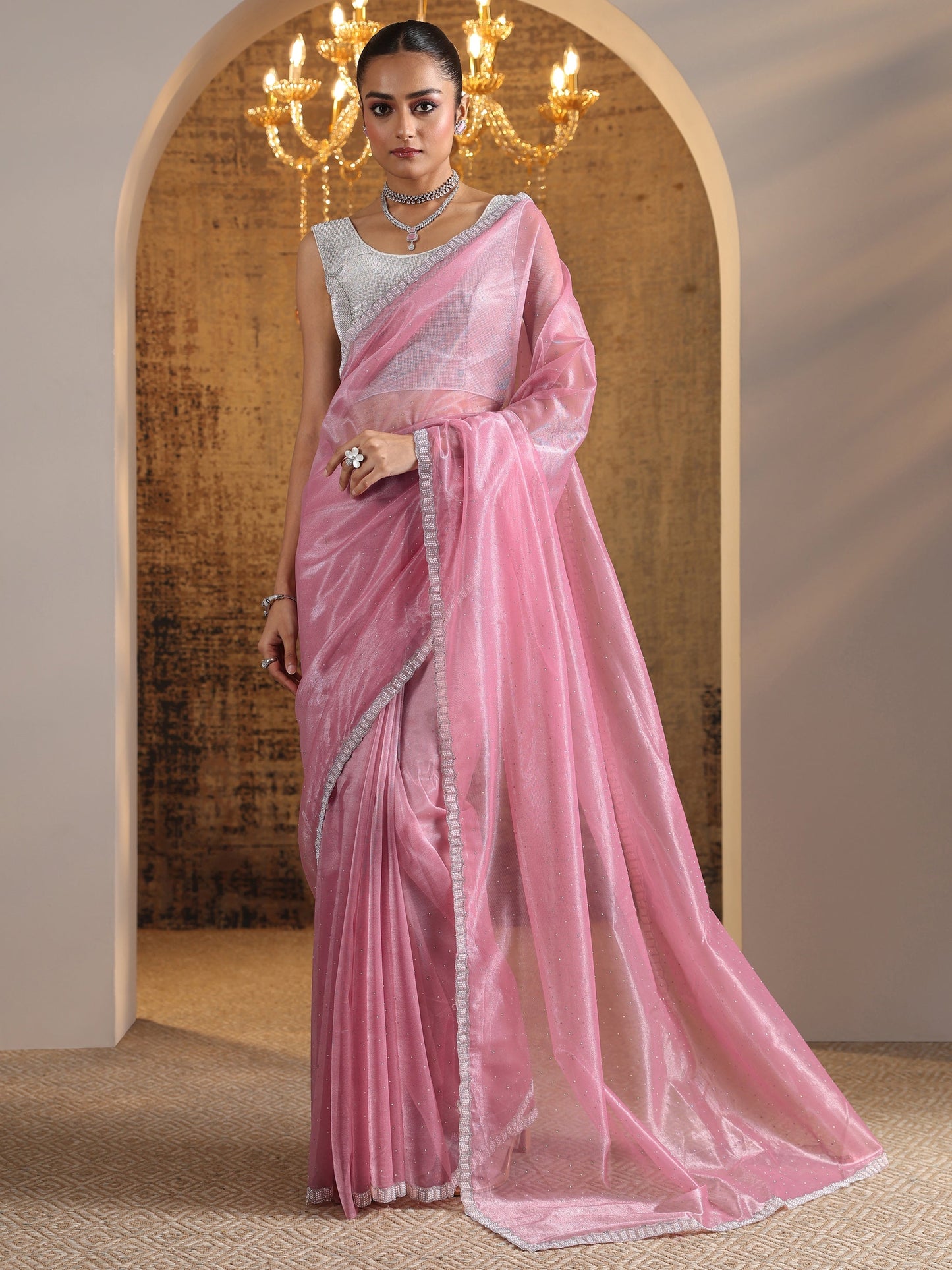 Pink Embellished Organza Saree With Unstitched Blouse Piece