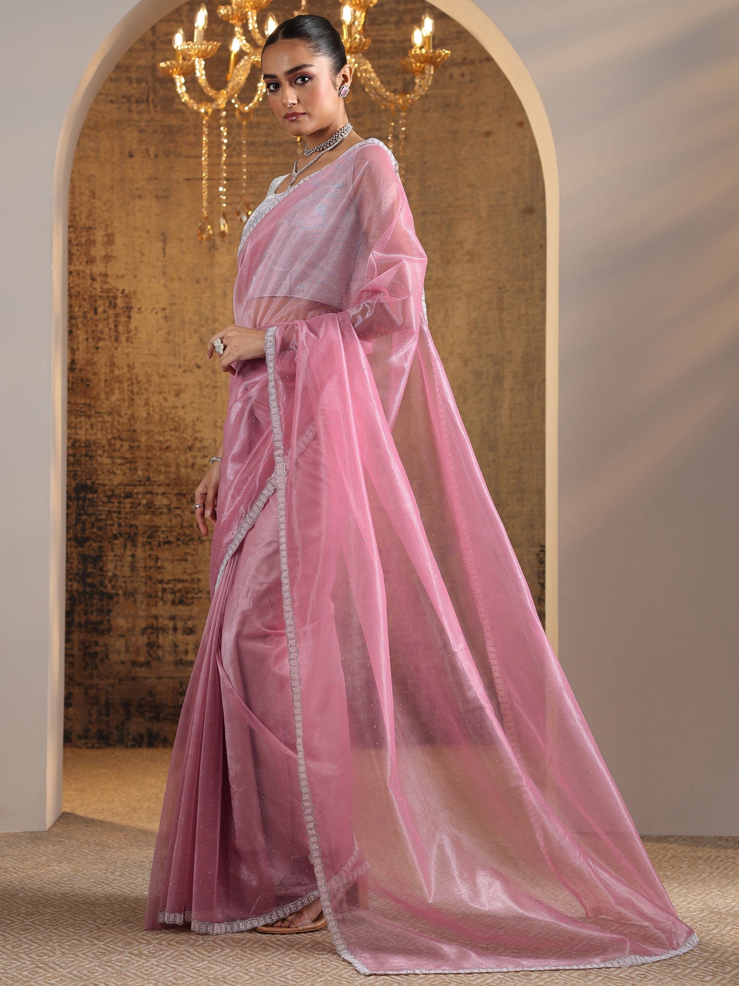 Pink Embellished Organza Saree With Unstitched Blouse Piece